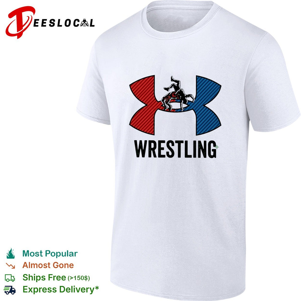 Wrestling red and blue wrestler silhouette icon bold lettering graphic shirt
