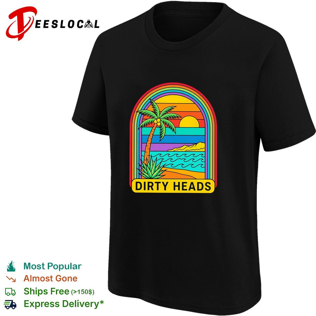 Tropical beach palm tree rainbow arch sunset vintage poster art shirt