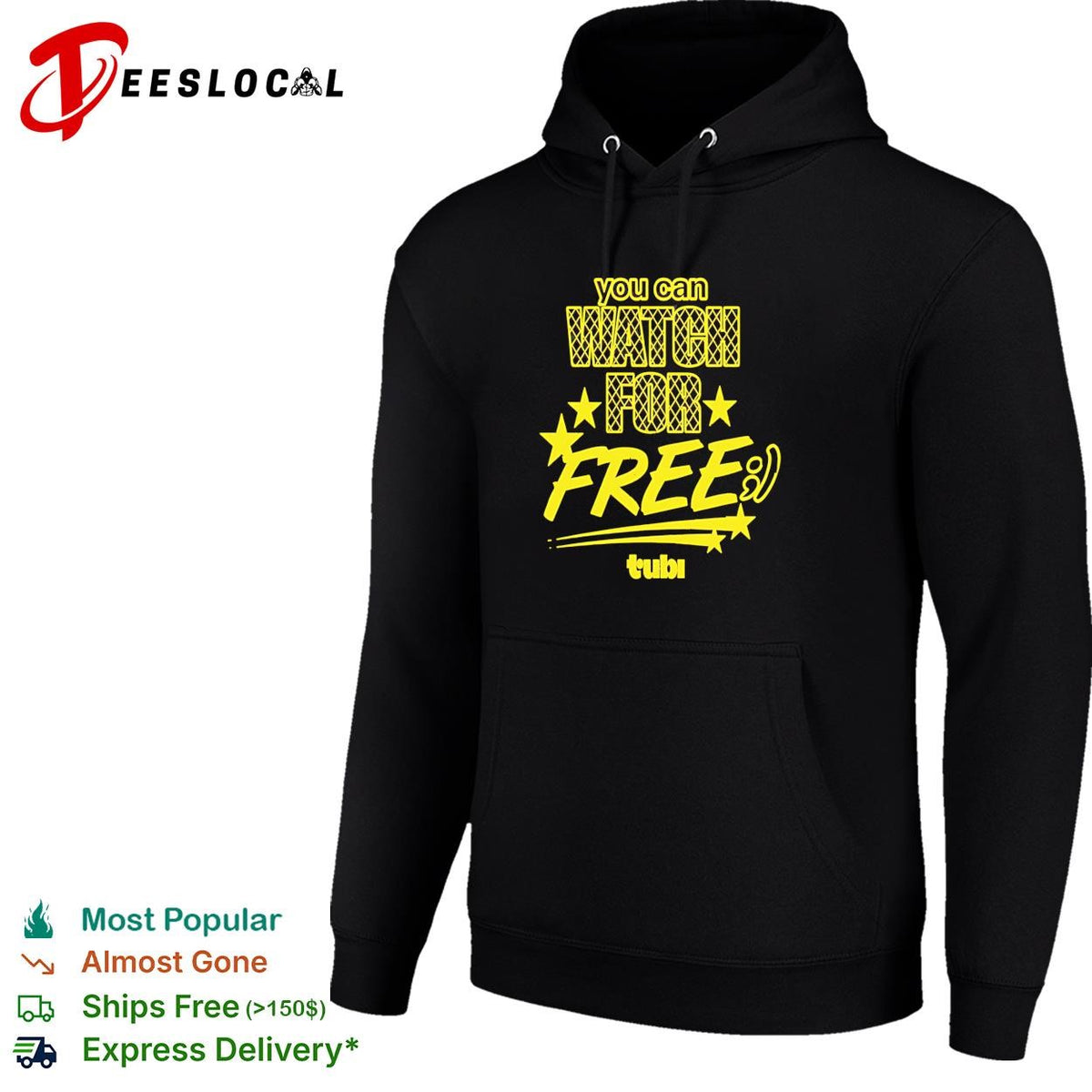 You can watch for free Tubi bold yellow lettering streaming ad graphic shirt