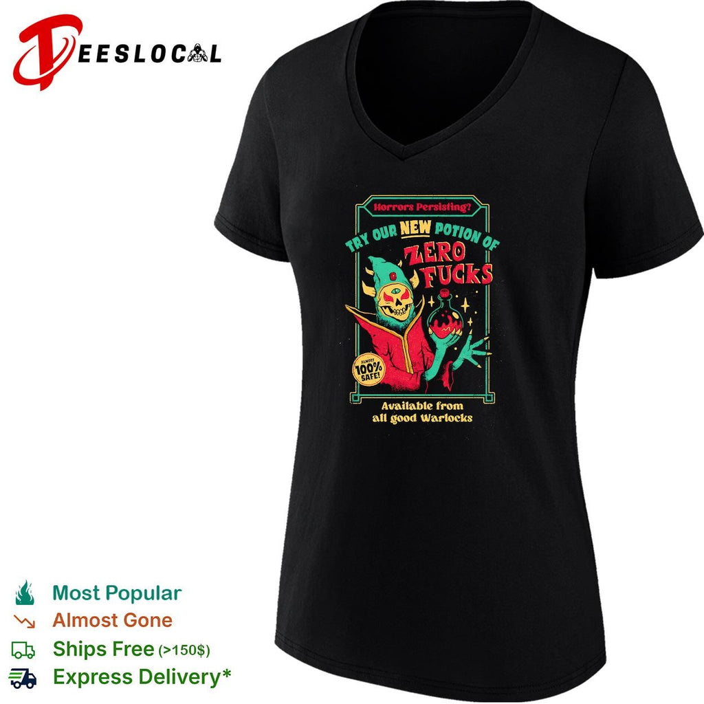 Zero fucks new potion warlocks horror advertisement dark humor shirt