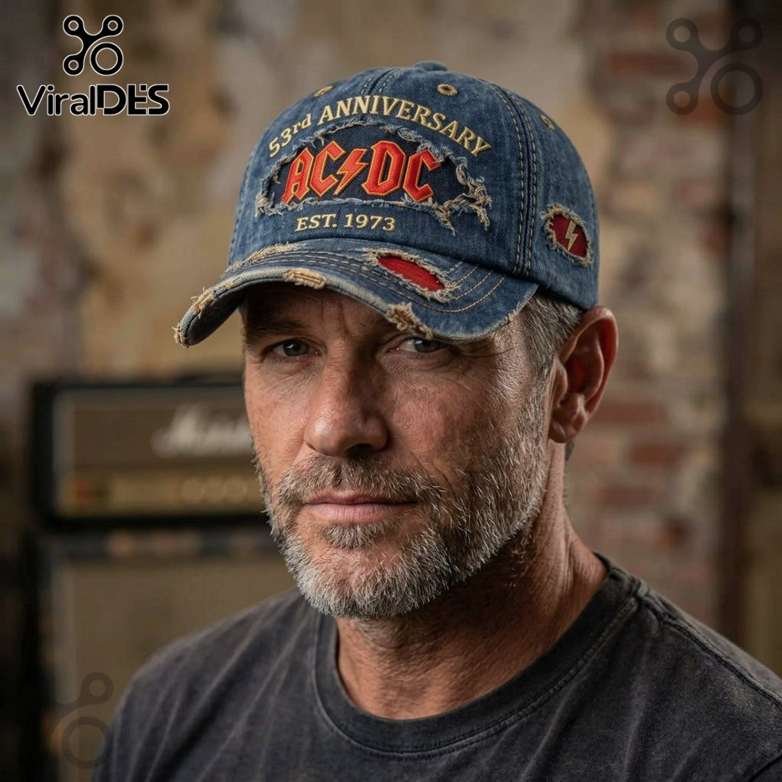 AC DC 53rd Anniversary Distressed Denim Baseball Cap