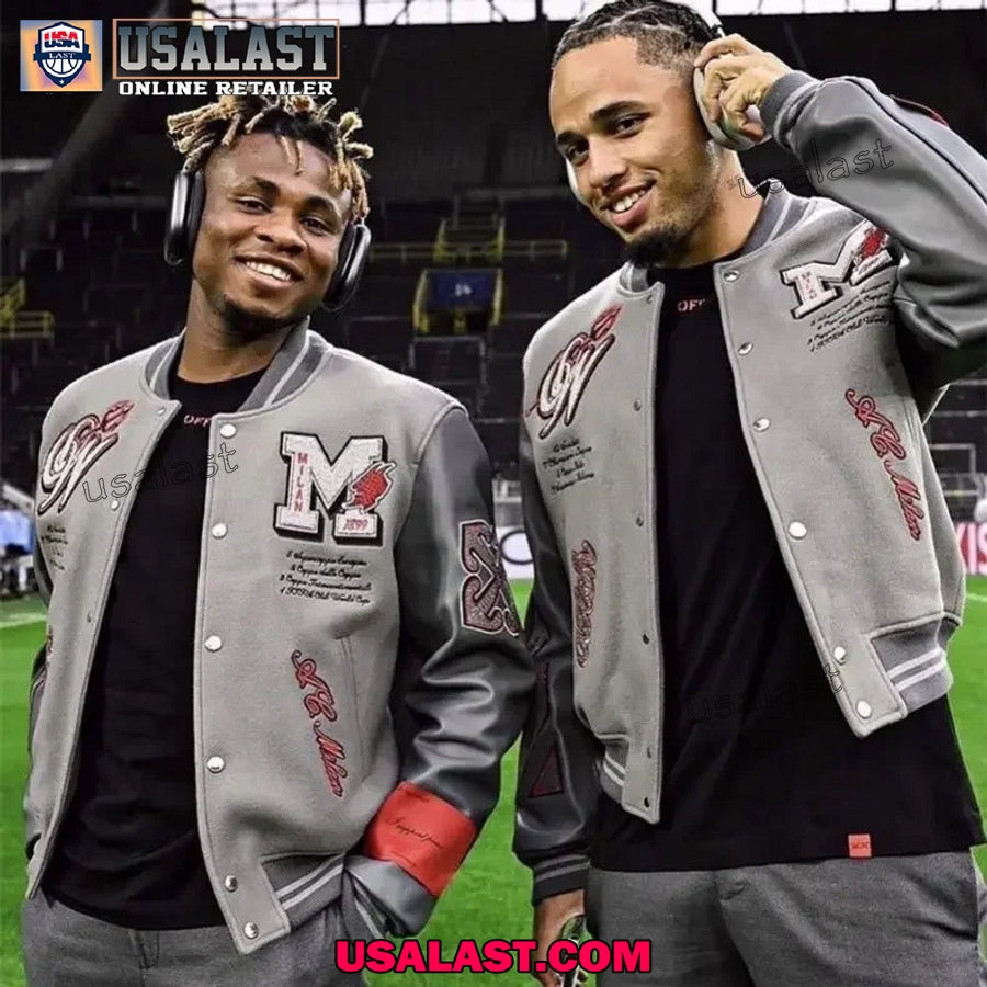 AC Milan Off White Embroidery Baseball Varsity Jacket