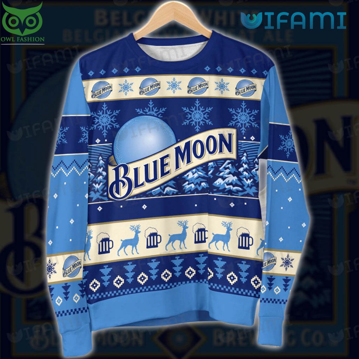 Blue Moon Beer Ugly Sweater Snowflakes Reindeer Pattern Beer Lovers Gift