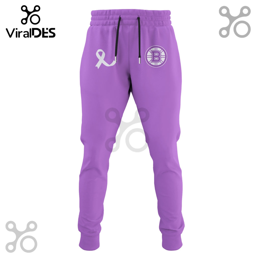 Boston Bruins Hockey Fights Cancer Purple Ribbon Hoodie