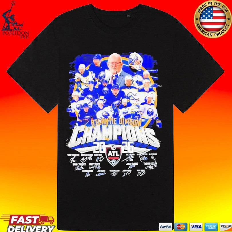 Buffalo Sabres Hockey Coach And Players Teams Atlantic Division Champions 2026 Signatures T-shirt