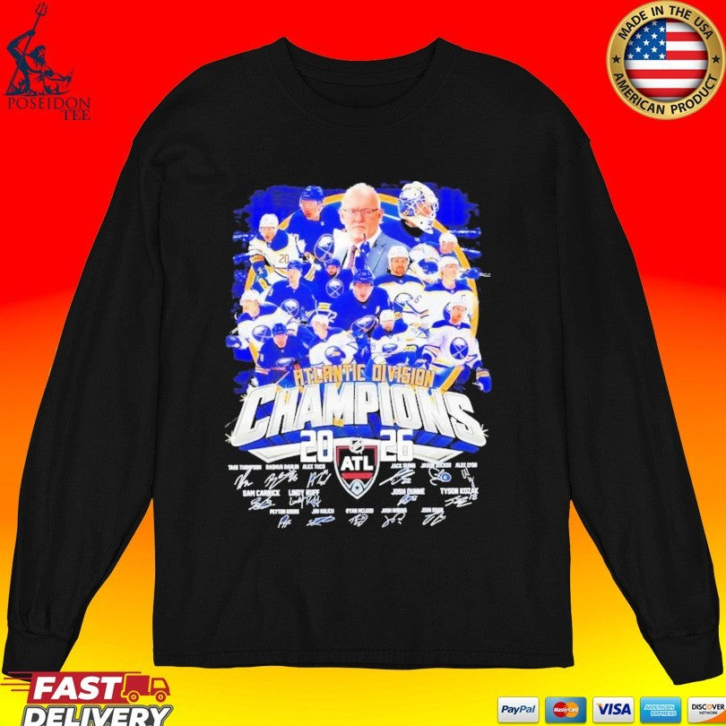 Buffalo Sabres Hockey Coach And Players Teams Atlantic Division Champions 2026 Signatures T-shirt