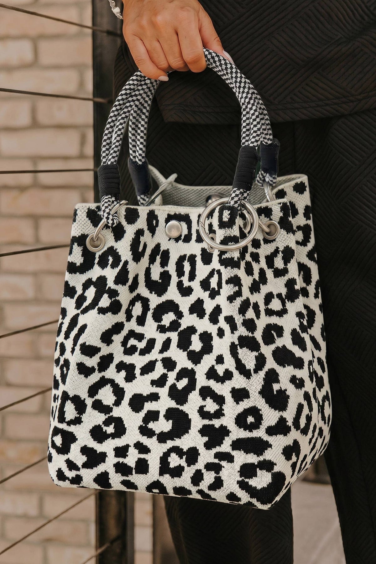 Leopard Print Polyester Woven Thick Handle Tote Bag
