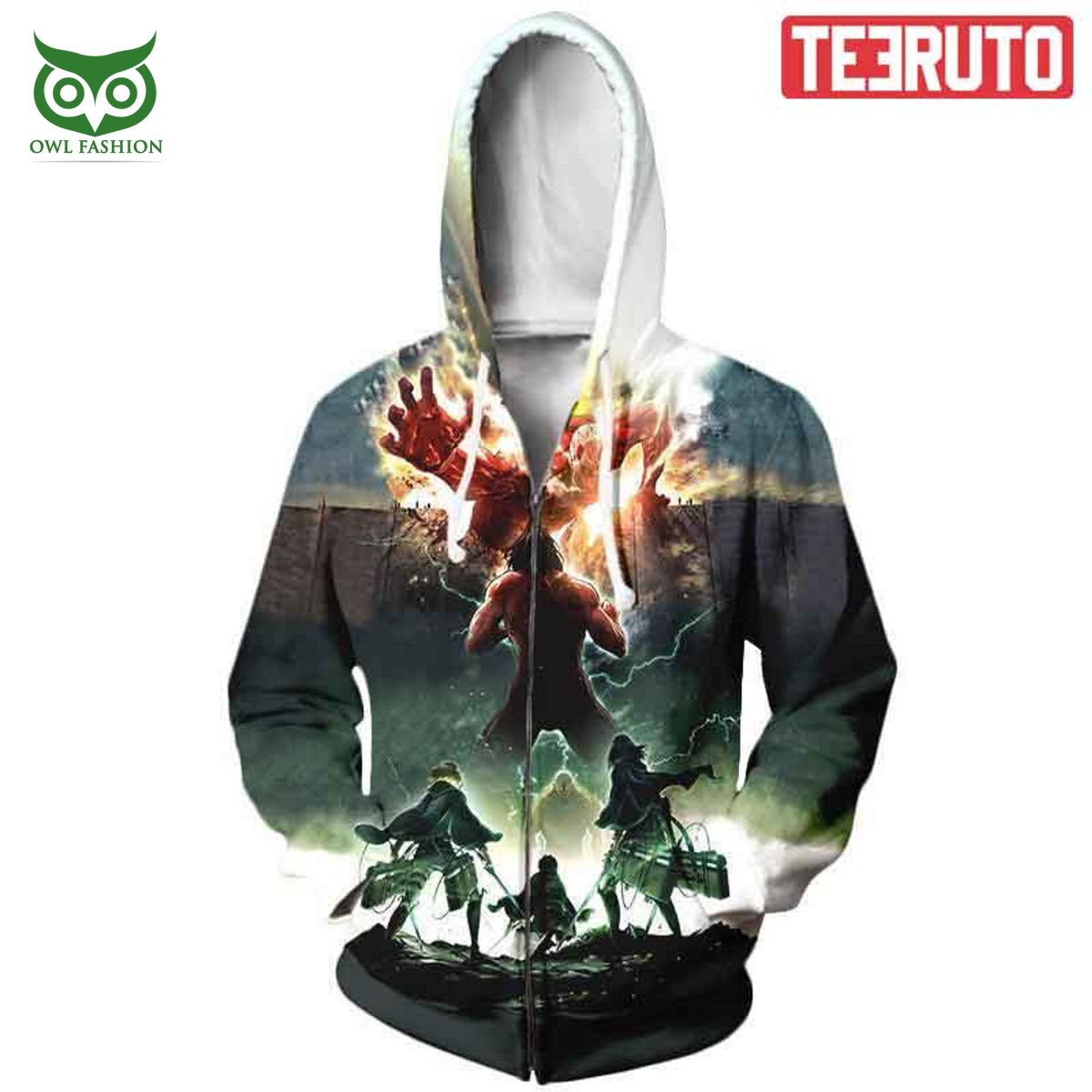 Colossal Titan With Eren Mikasa And Armin Attack On Titan Zip Up 3D Hoodie