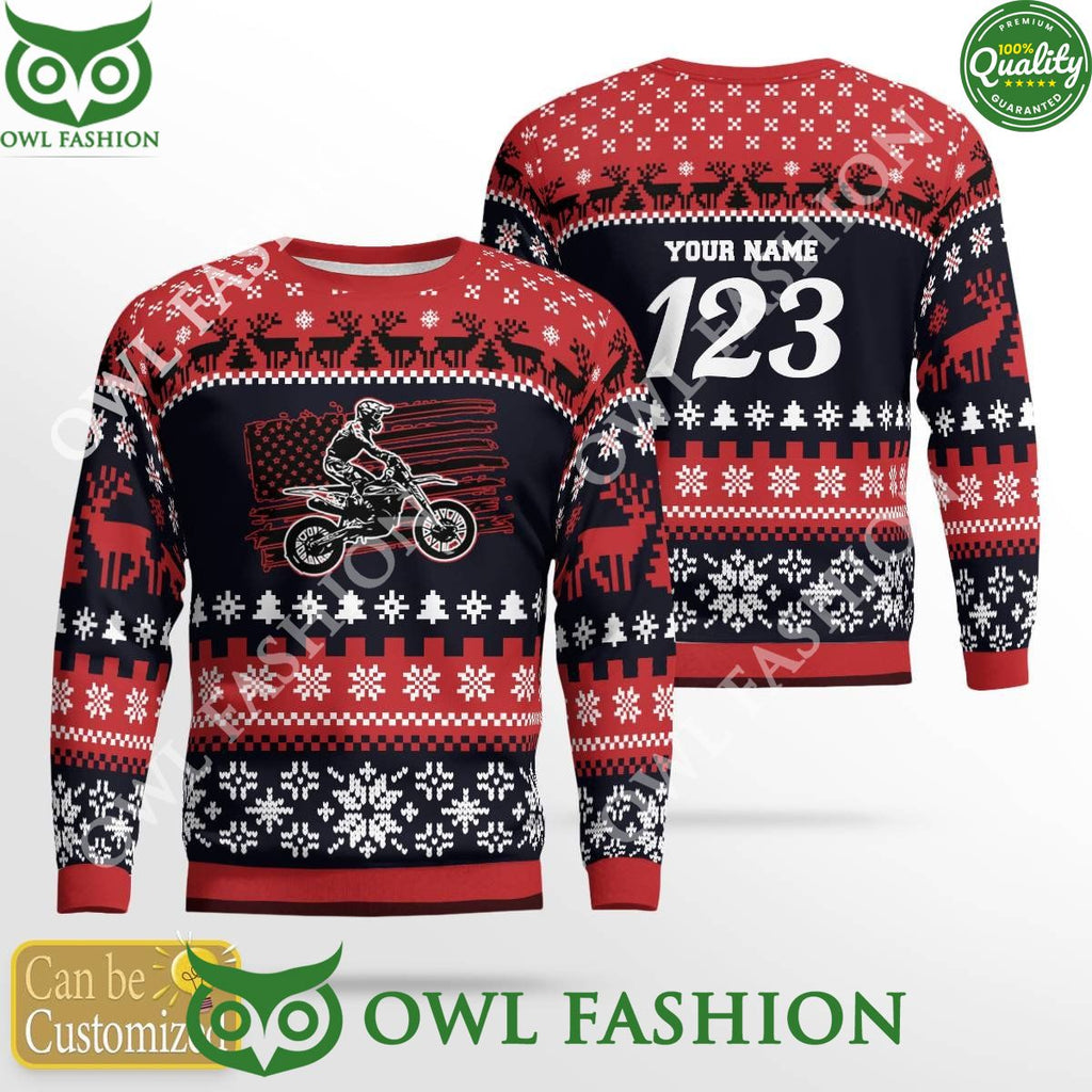 Custom Name Number Christmas Motocross rider Red Sweater
