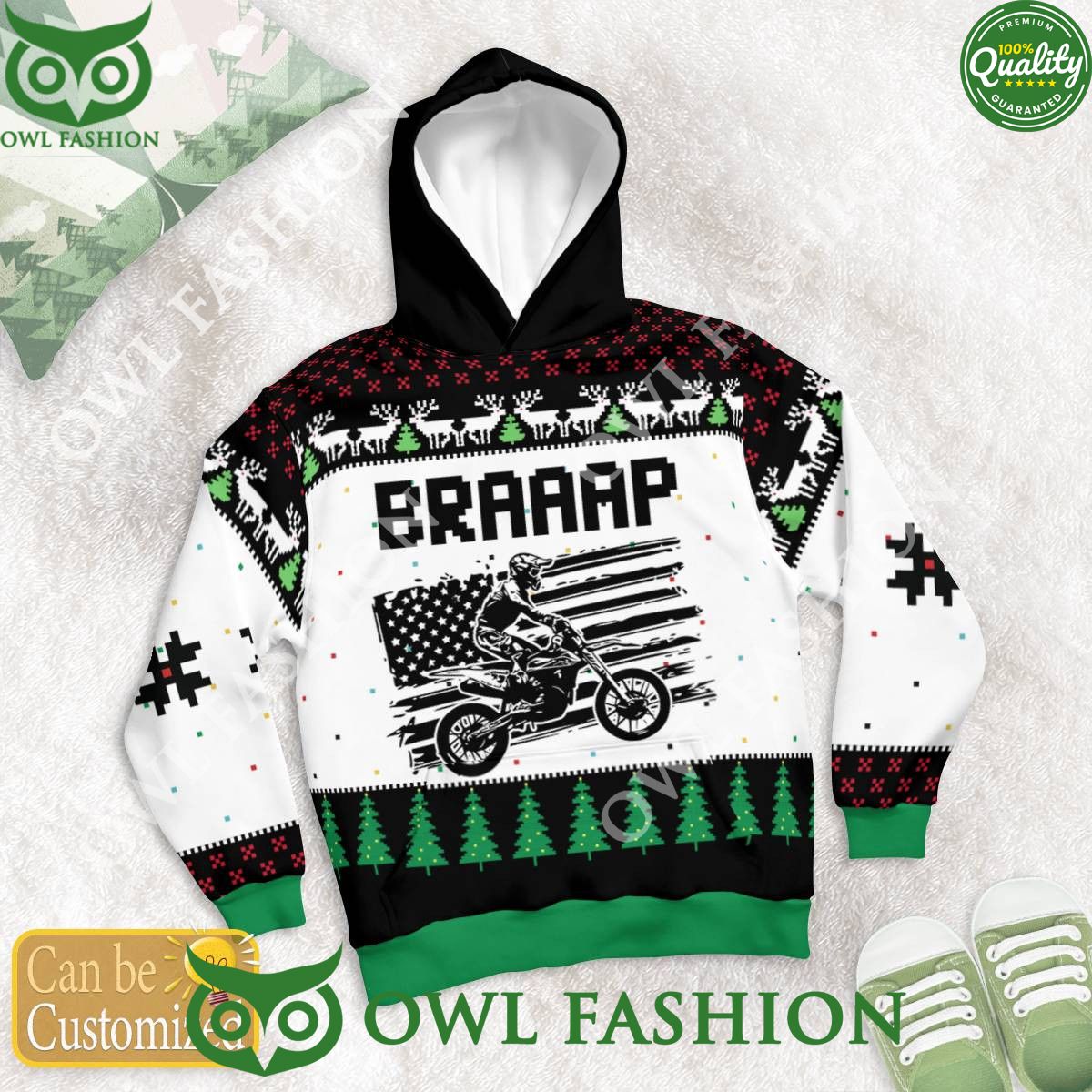 Custom Name Number Christmas Motocross rider White Green Sweater
