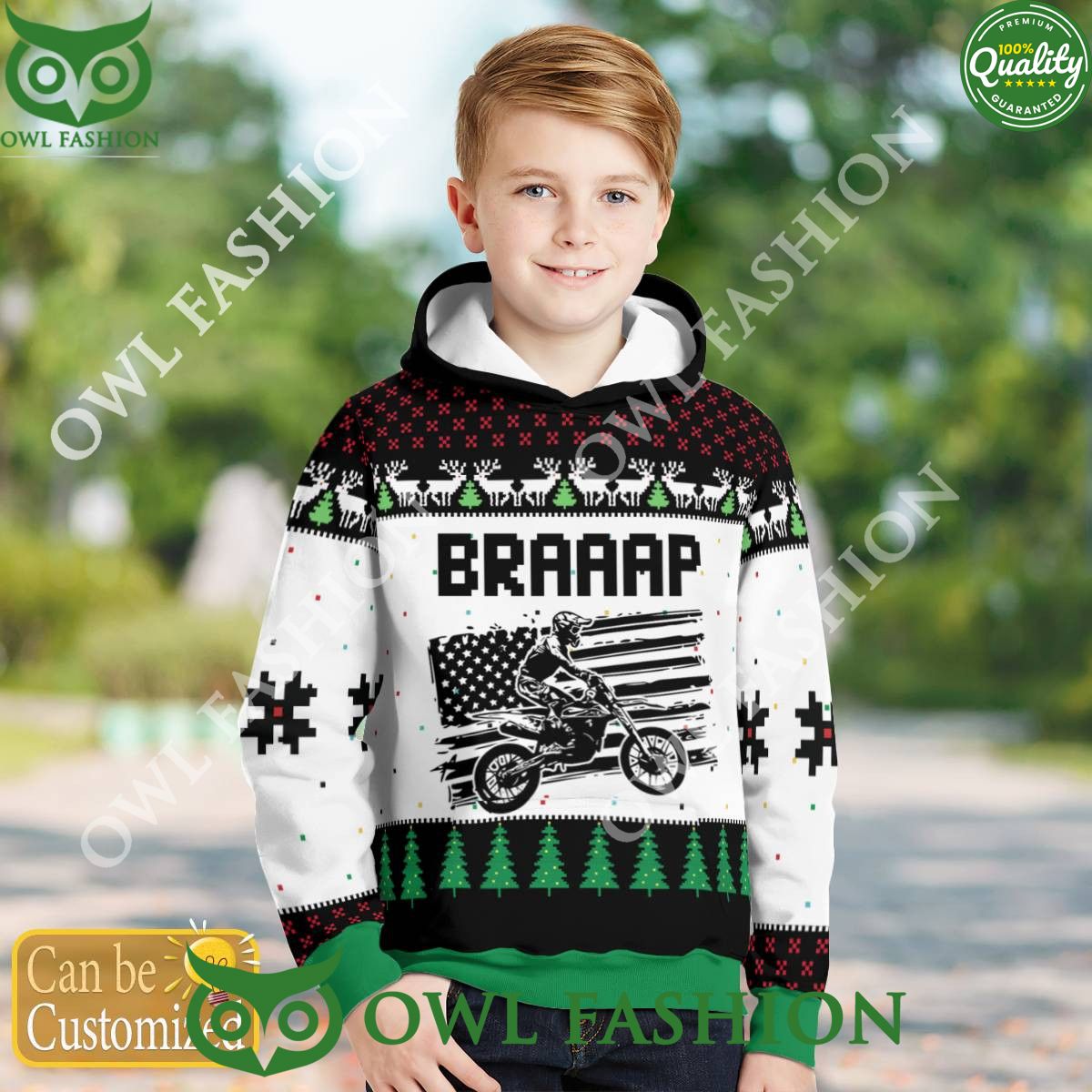 Custom Name Number Christmas Motocross rider White Green Sweater