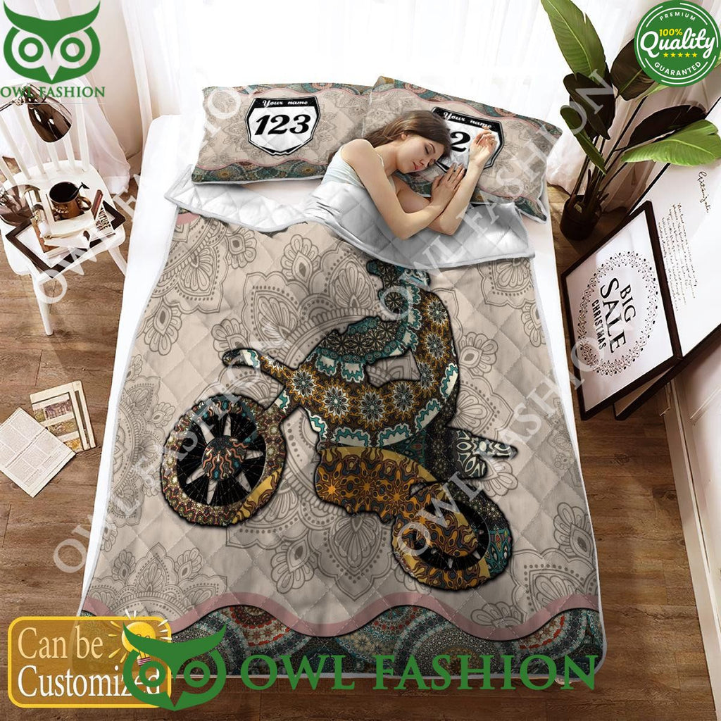 Custom Name Number Motocross Rider Beige Quilt Set