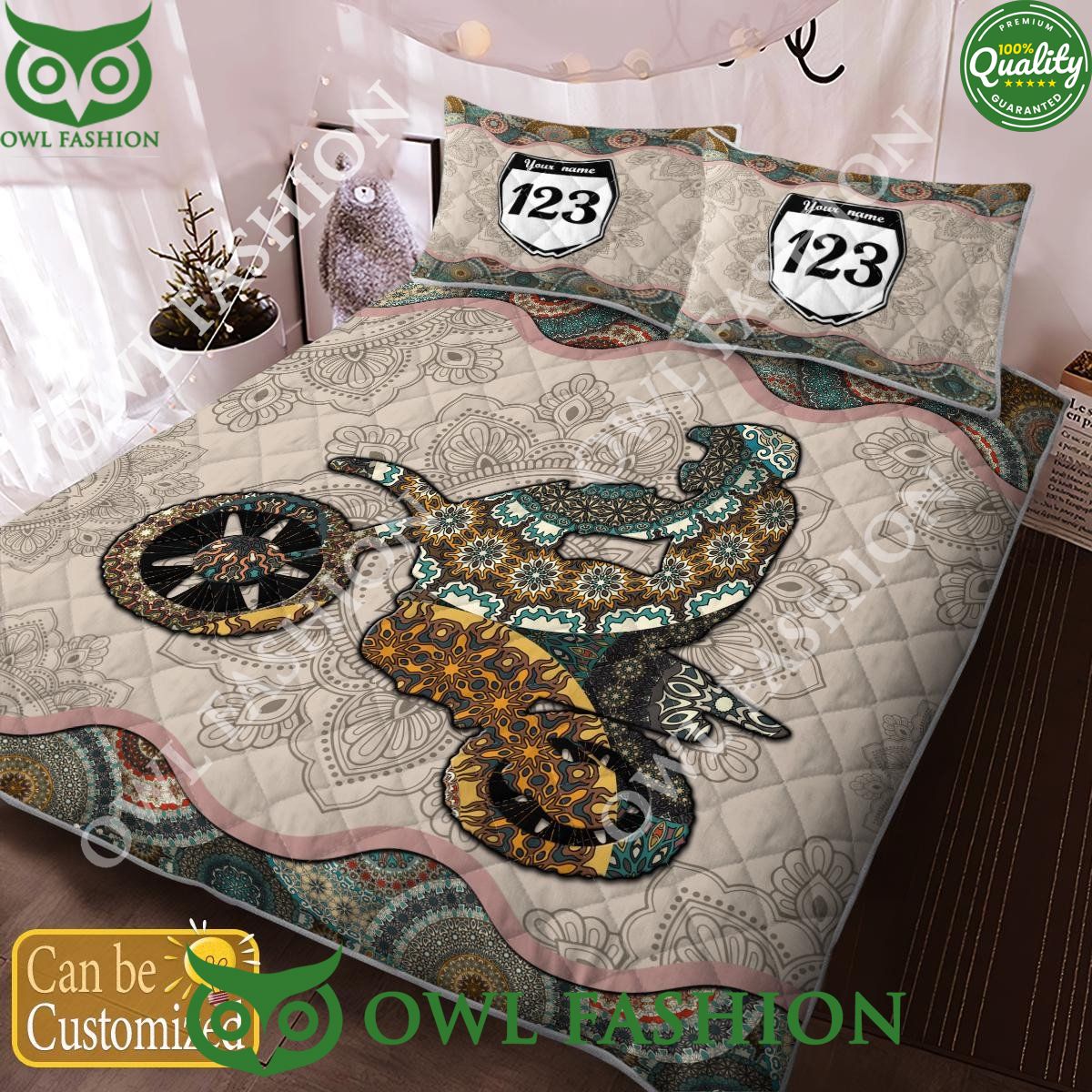 Custom Name Number Motocross Rider Beige Quilt Set
