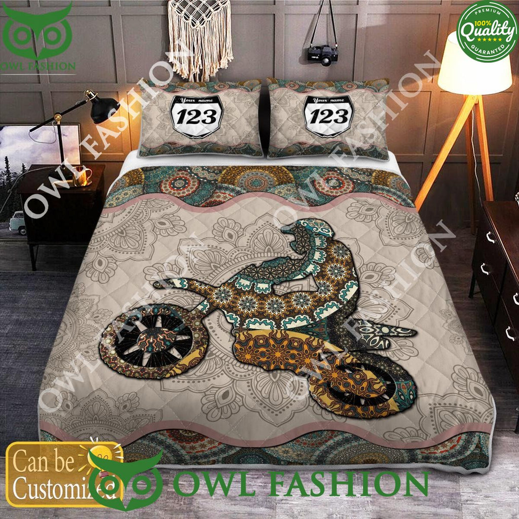 Custom Name Number Motocross Rider Beige Quilt Set
