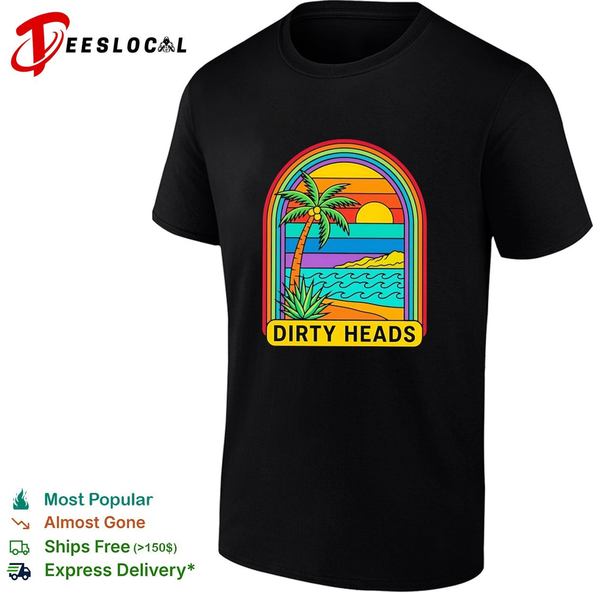 Tropical beach palm tree rainbow arch sunset vintage poster art shirt