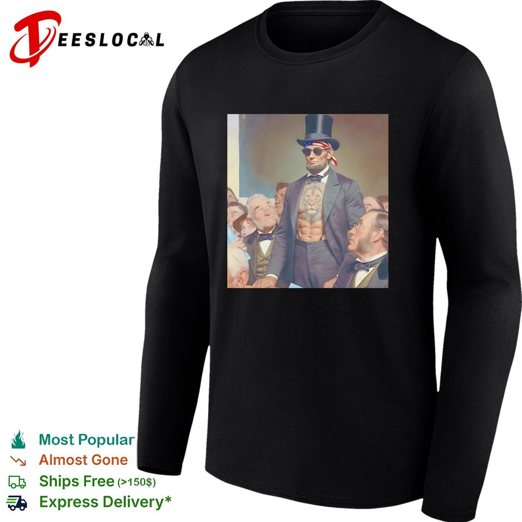 Abraham Lincoln lion chest tattoo top hat and sunglasses portrait graphic shirt