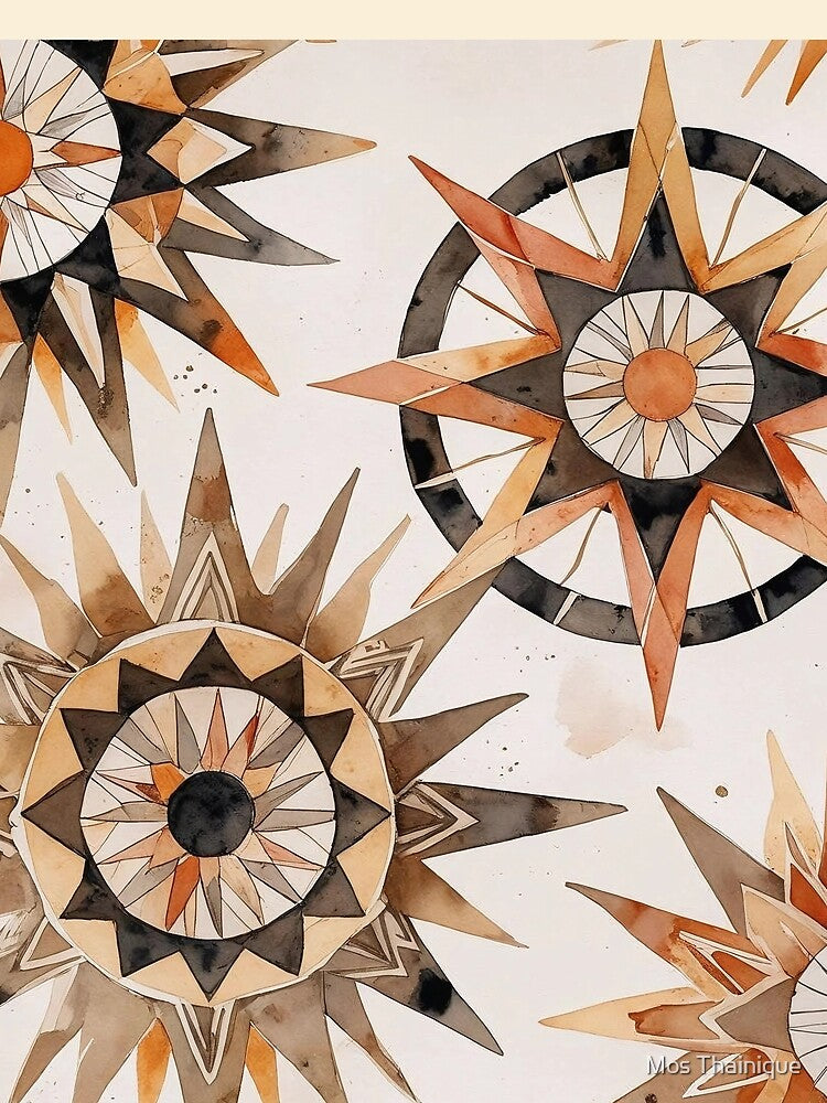 Boho Geometric Sun Art Warm Neutral Watercolor by Mos Thainique