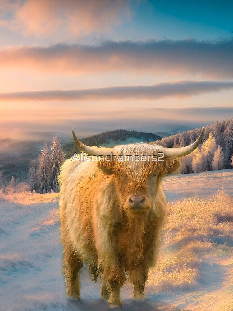 Winter Sunrise Highland Cow by Alisonchambers2