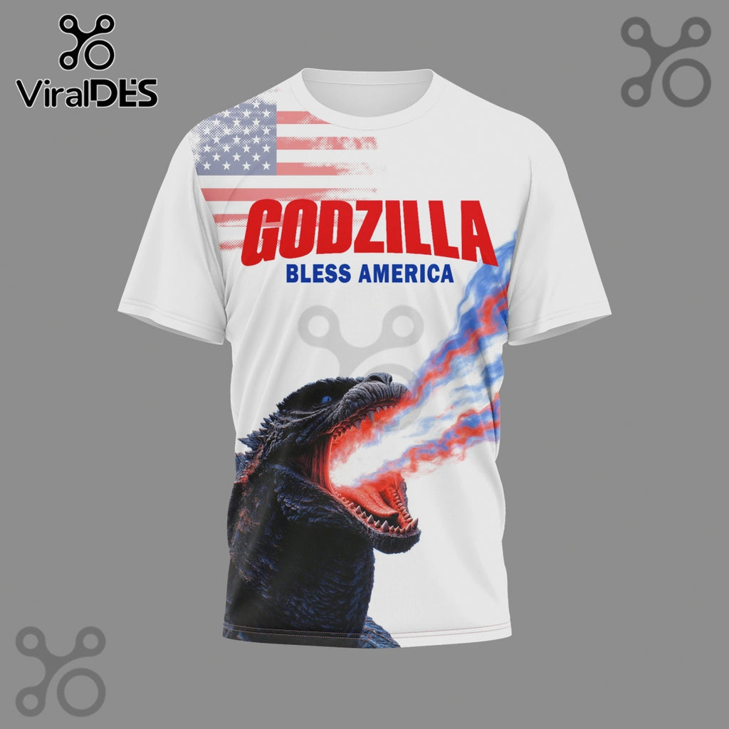 Godzilla Bless America 250th Anniversary Patriotic Graphic T-Shirt