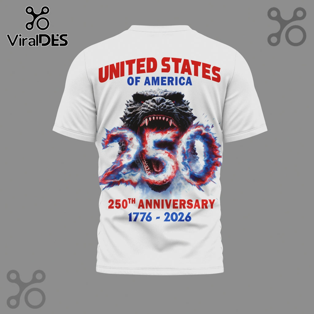 Godzilla Bless America 250th Anniversary Patriotic Graphic T-Shirt