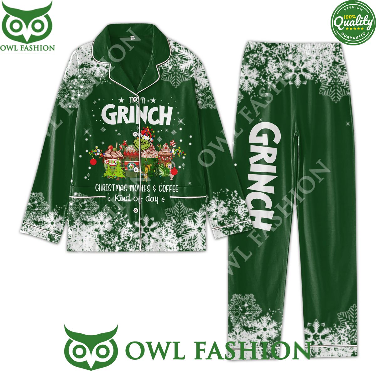 Grinch Movies and Coffee Pajamas set Christmas Snow fall