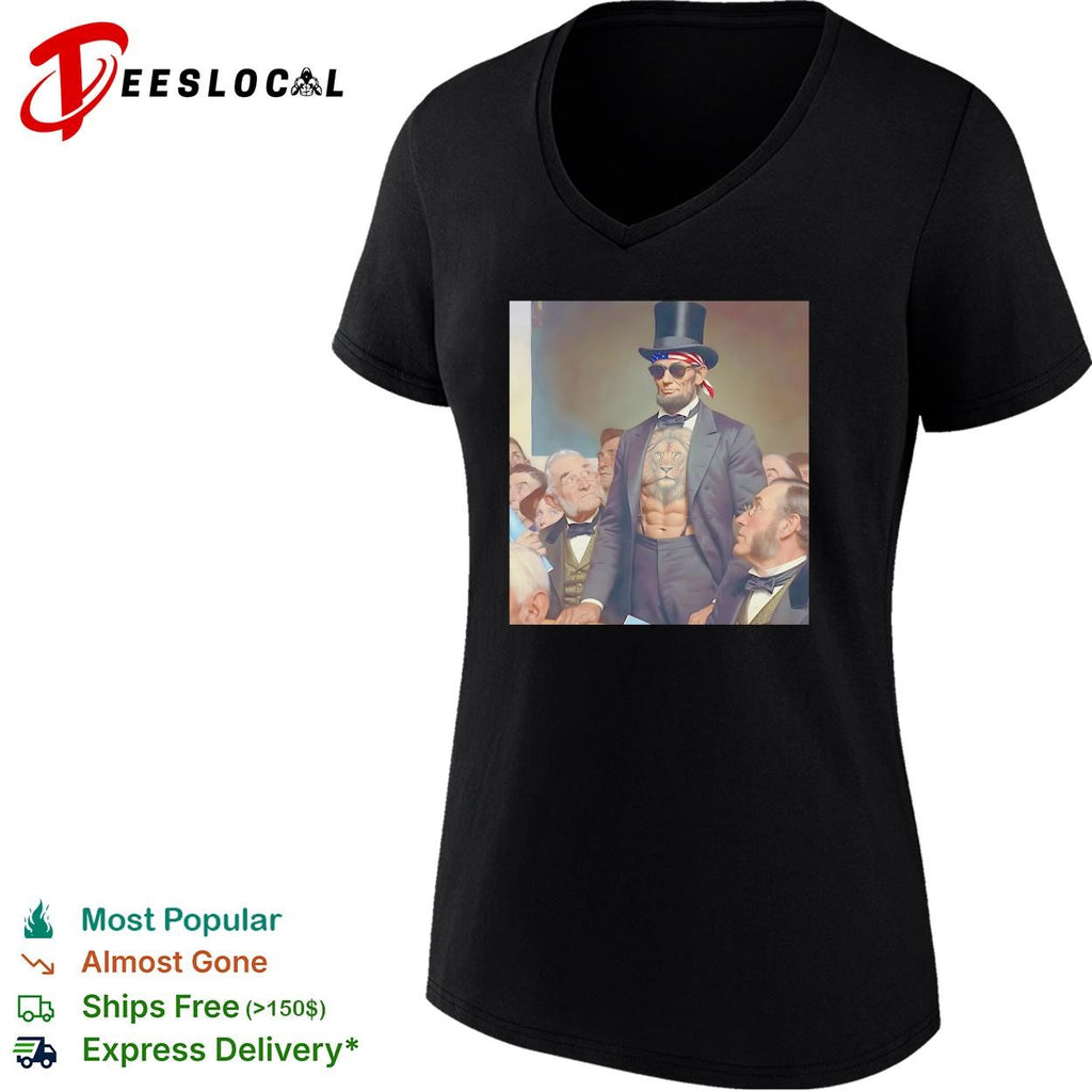 Abraham Lincoln lion chest tattoo top hat and sunglasses portrait graphic shirt
