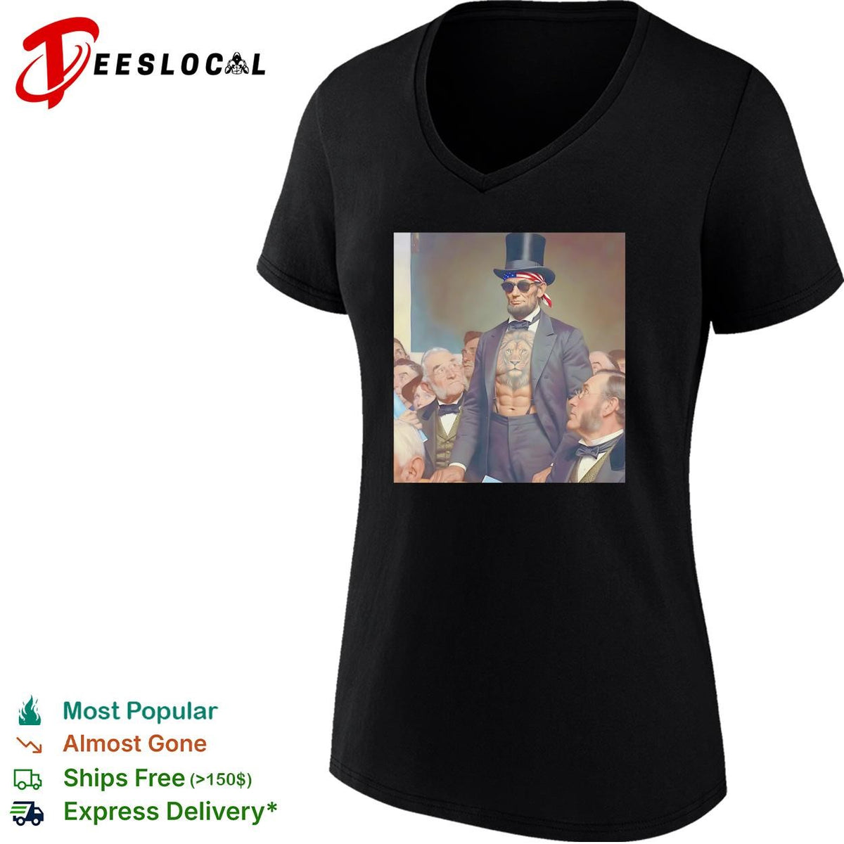 Abraham Lincoln lion chest tattoo top hat and sunglasses portrait graphic shirt
