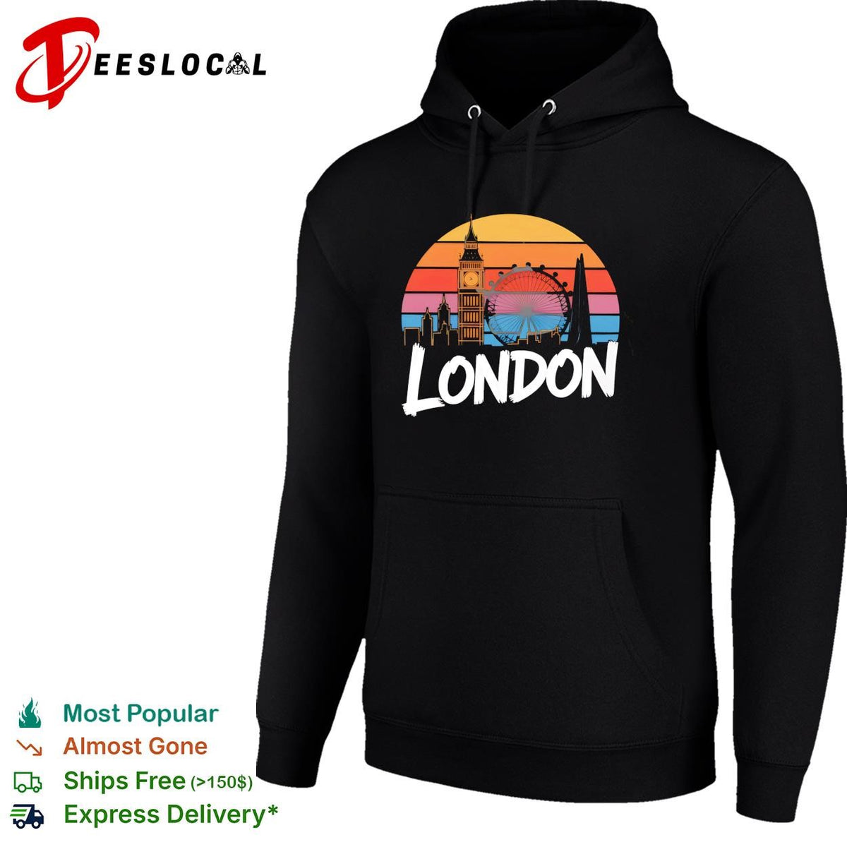 London skyline Big Ben and London Eye sunset retro color stripes graphic shirt