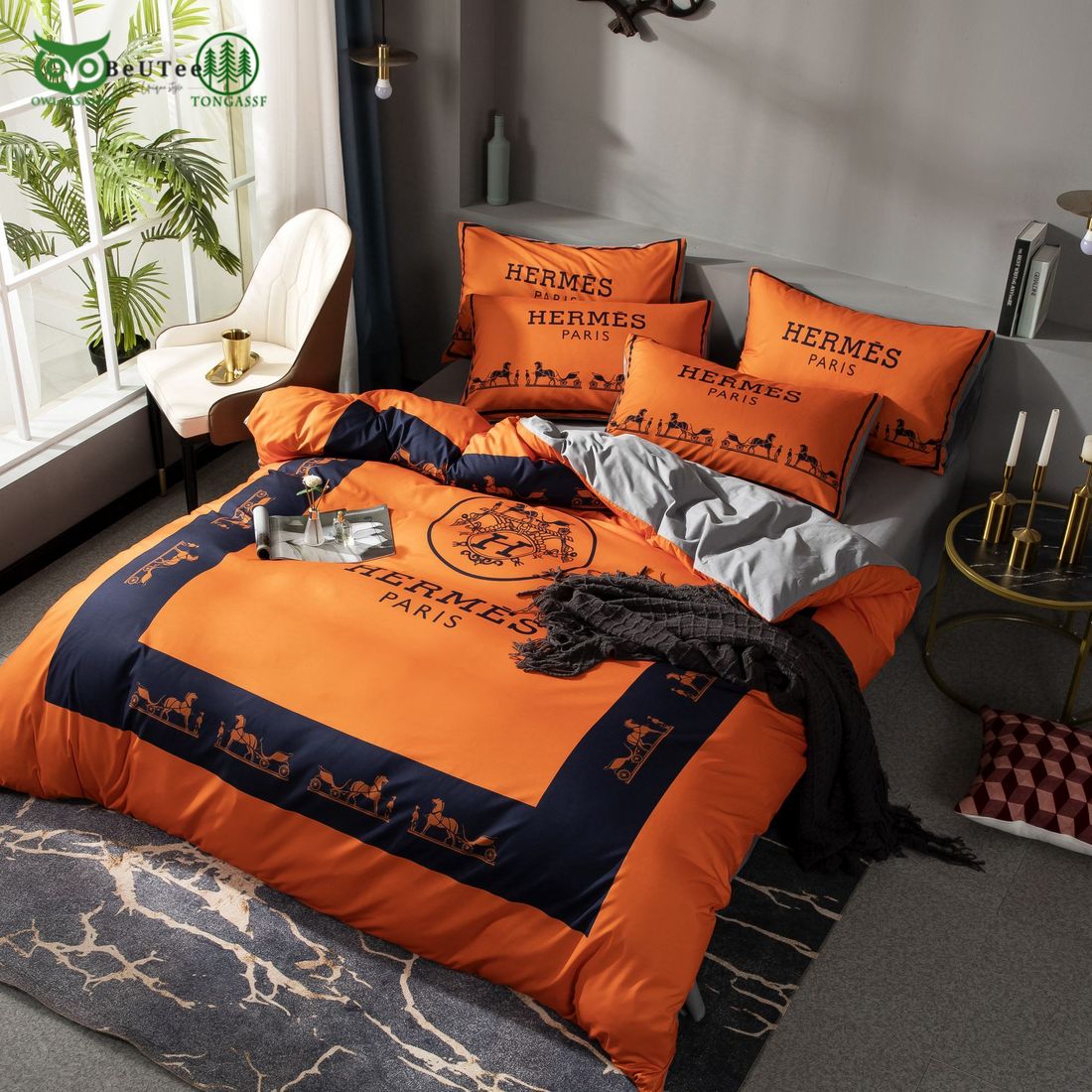 Luxury Hermes Horse Orange Paris Bedding Set