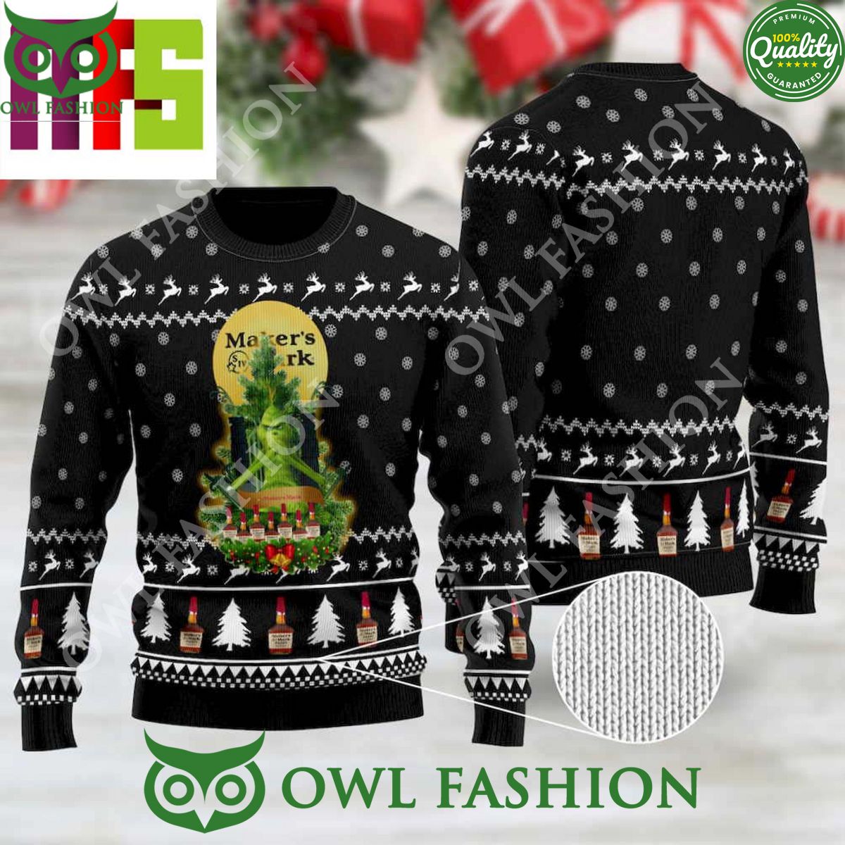 Maker’s Mark Grinch Snow On Black Background Christmas Ugly Sweater 2023
