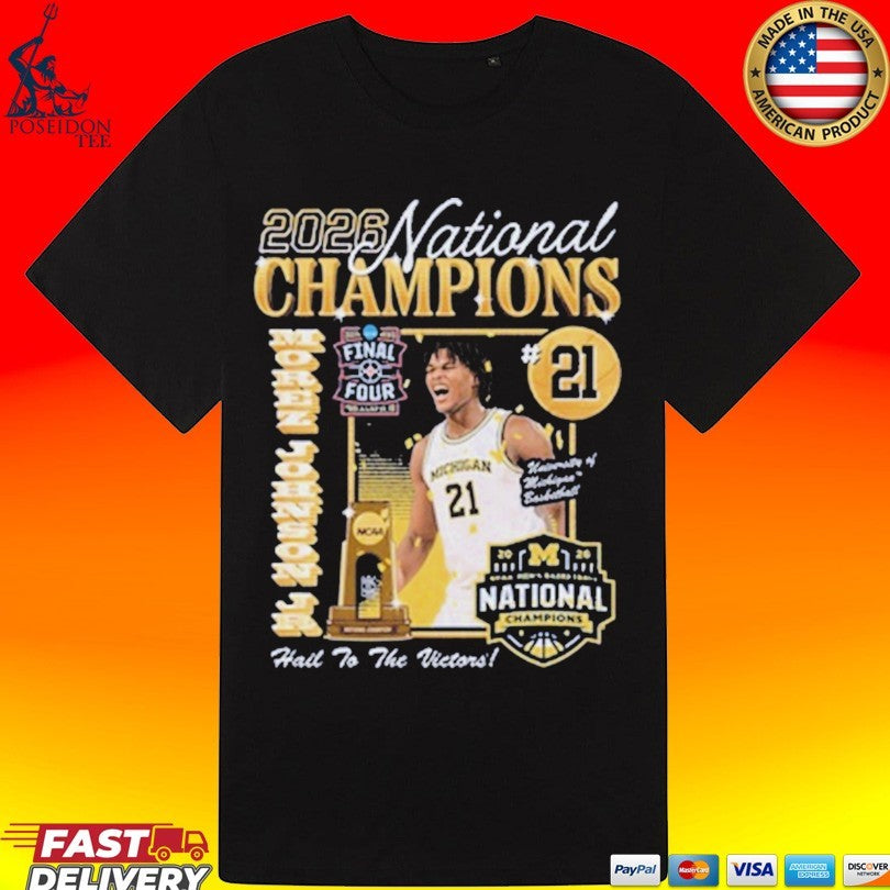 Michigan Wolverines Men’s Basketball Campus Ink 2026 National Champion #21 Morez Johnson Jr T-shirt
