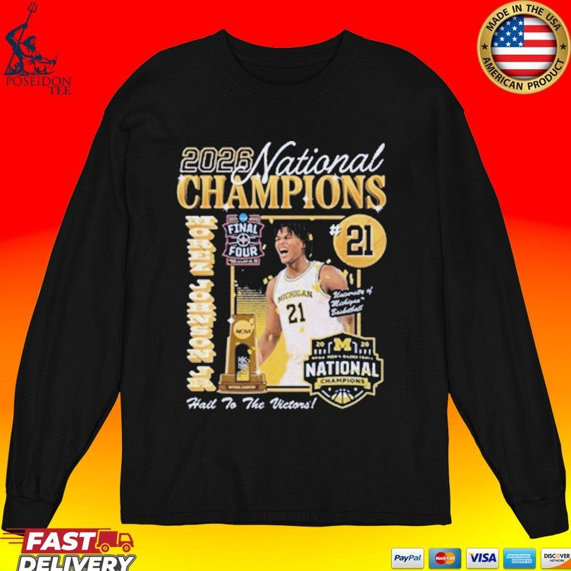 Michigan Wolverines Men’s Basketball Campus Ink 2026 National Champion #21 Morez Johnson Jr T-shirt