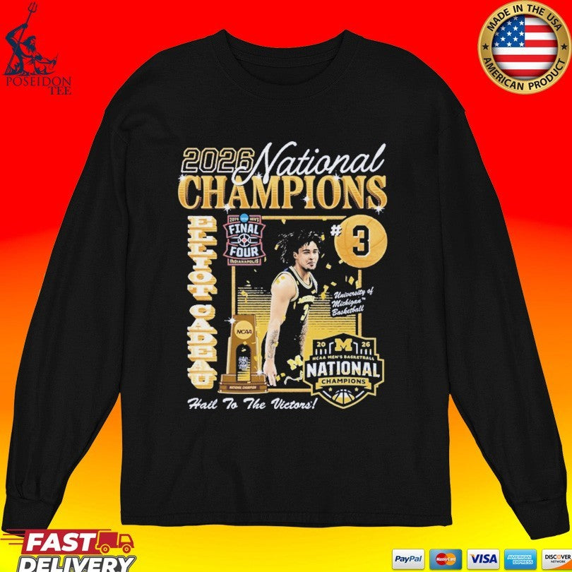 Michigan Wolverines Men’s Basketball Campus Ink 2026 National Champion #3 Elliot Cadeau T-shirt