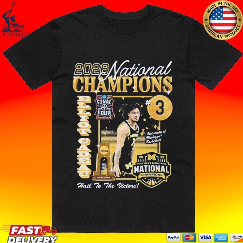 Michigan Wolverines Men’s Basketball Campus Ink 2026 National Champion #3 Elliot Cadeau T-shirt