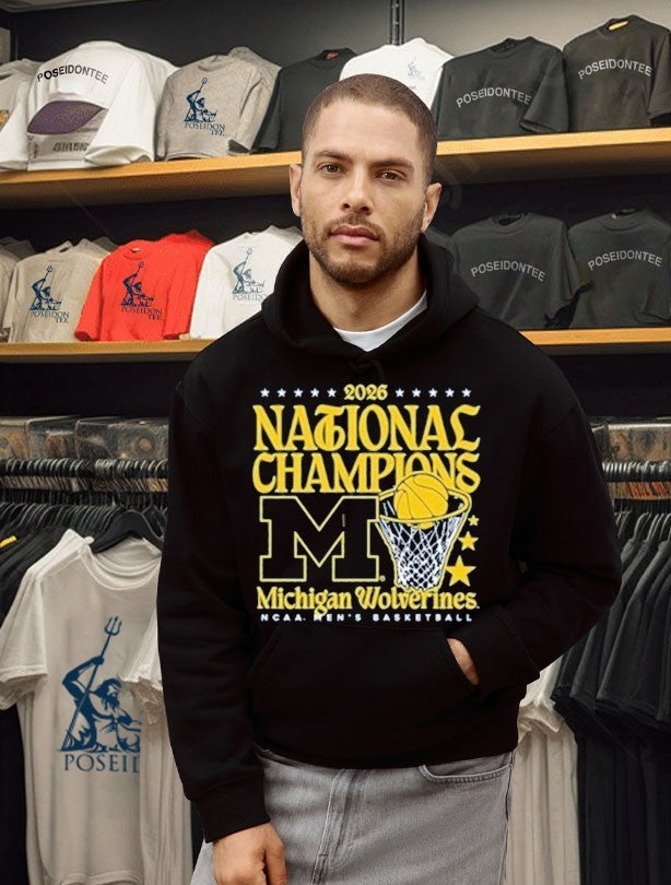 Michigan Wolverines Womens Navy Blue Mbb National Champs 2026 Hoop T-shirt