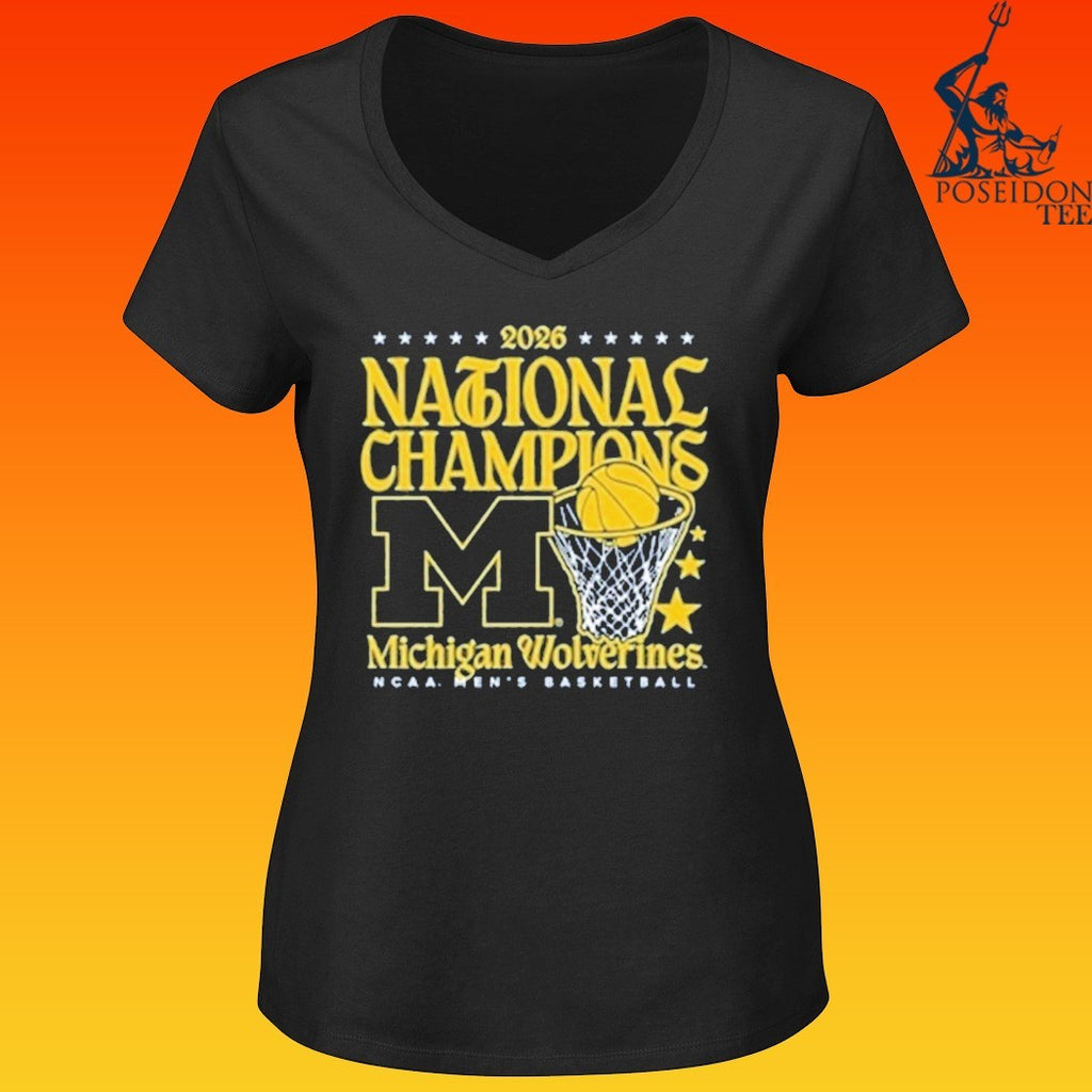 Michigan Wolverines Womens Navy Blue Mbb National Champs 2026 Hoop T-shirt