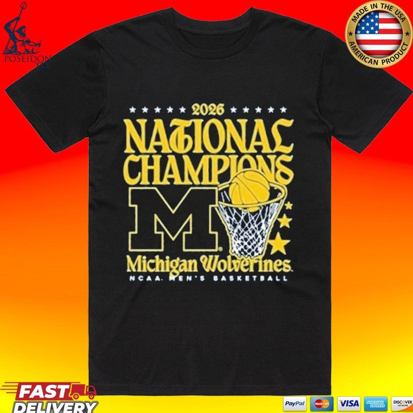 Michigan Wolverines Womens Navy Blue Mbb National Champs 2026 Hoop T-shirt