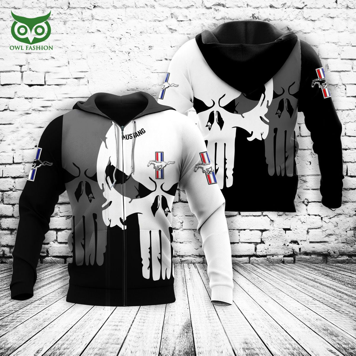 Mustang Skull Logo Black White 3D Hoodie