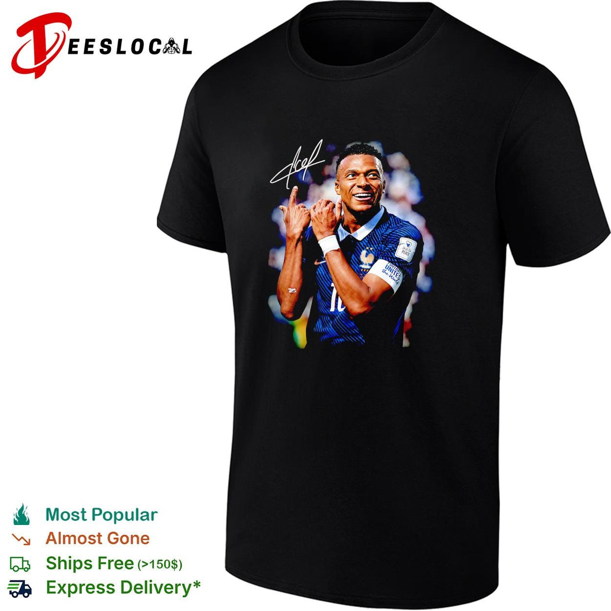 Kylian Mbappe France number 10 hand gesture celebration signature poster shirt
