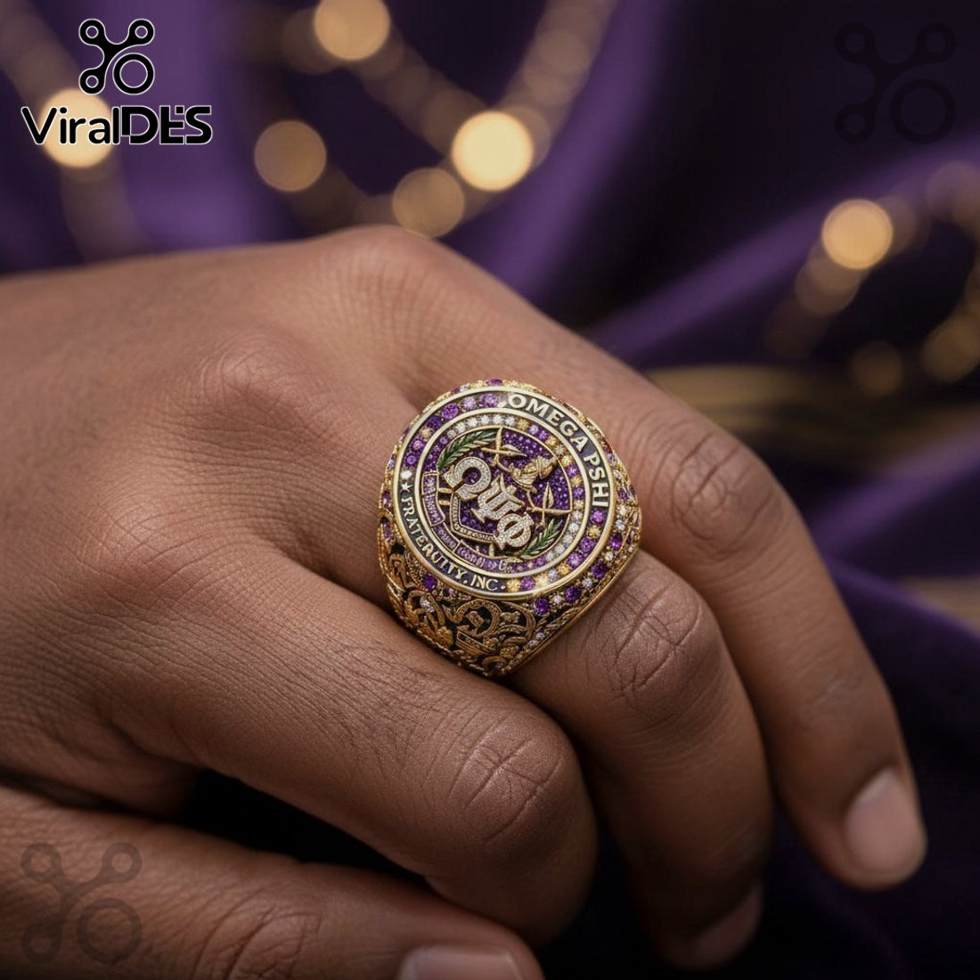Omega Psi Phi Fraternity Ring – Luxury 3D Gold & Purple Gemstone Ring