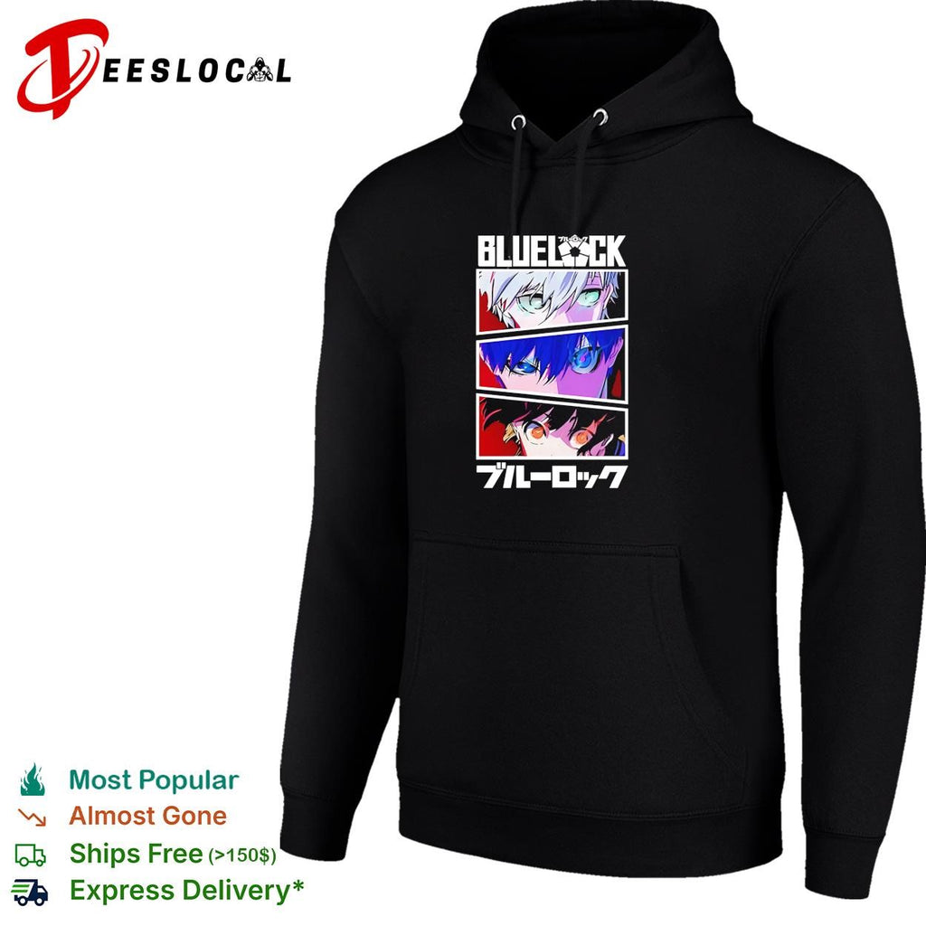 Blue Lock anime character eyes collage bold blue lettering manga graphic shirt