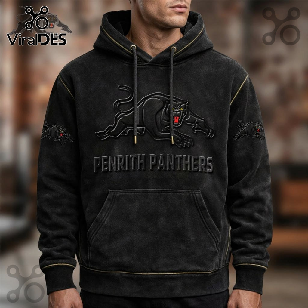 Penrith Panthers 3D Logo Distressed Black Graphic Print Hoodie