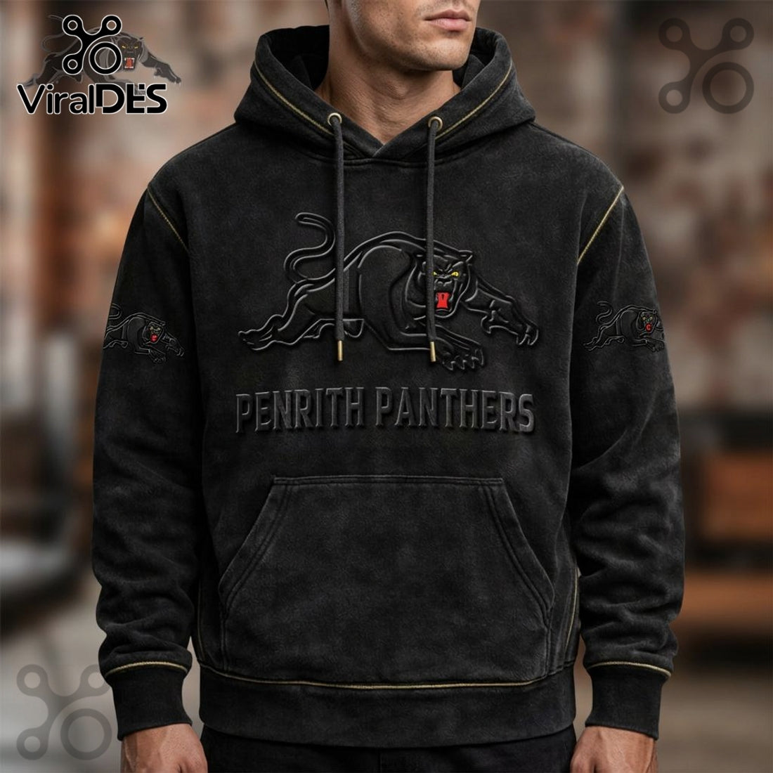 Penrith Panthers 3D Logo Distressed Black Graphic Print Hoodie