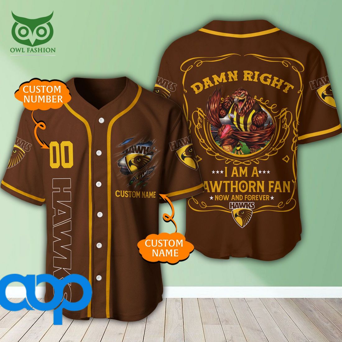 Personalized Damn Right Hawthorn Football Club 3D Baseball Jersey AFL Mascot