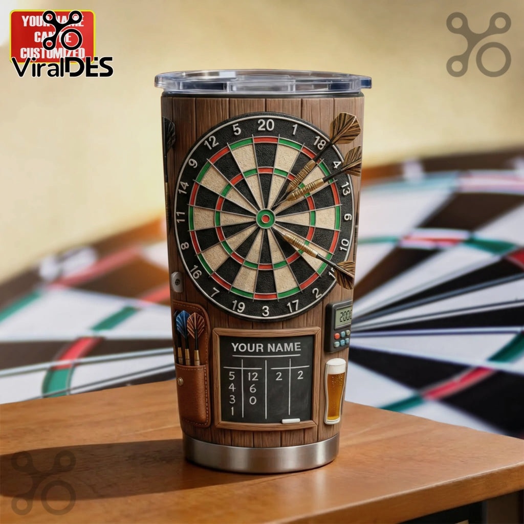 Personalized Darts Game Tumbler, Custom Name Dartboard Art Stainless Steel Tumbler