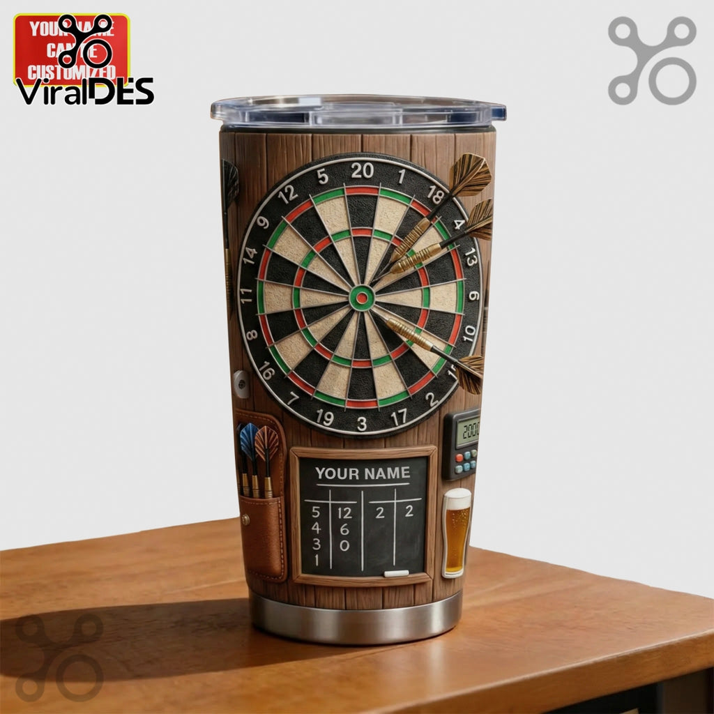 Personalized Darts Game Tumbler, Custom Name Dartboard Art Stainless Steel Tumbler