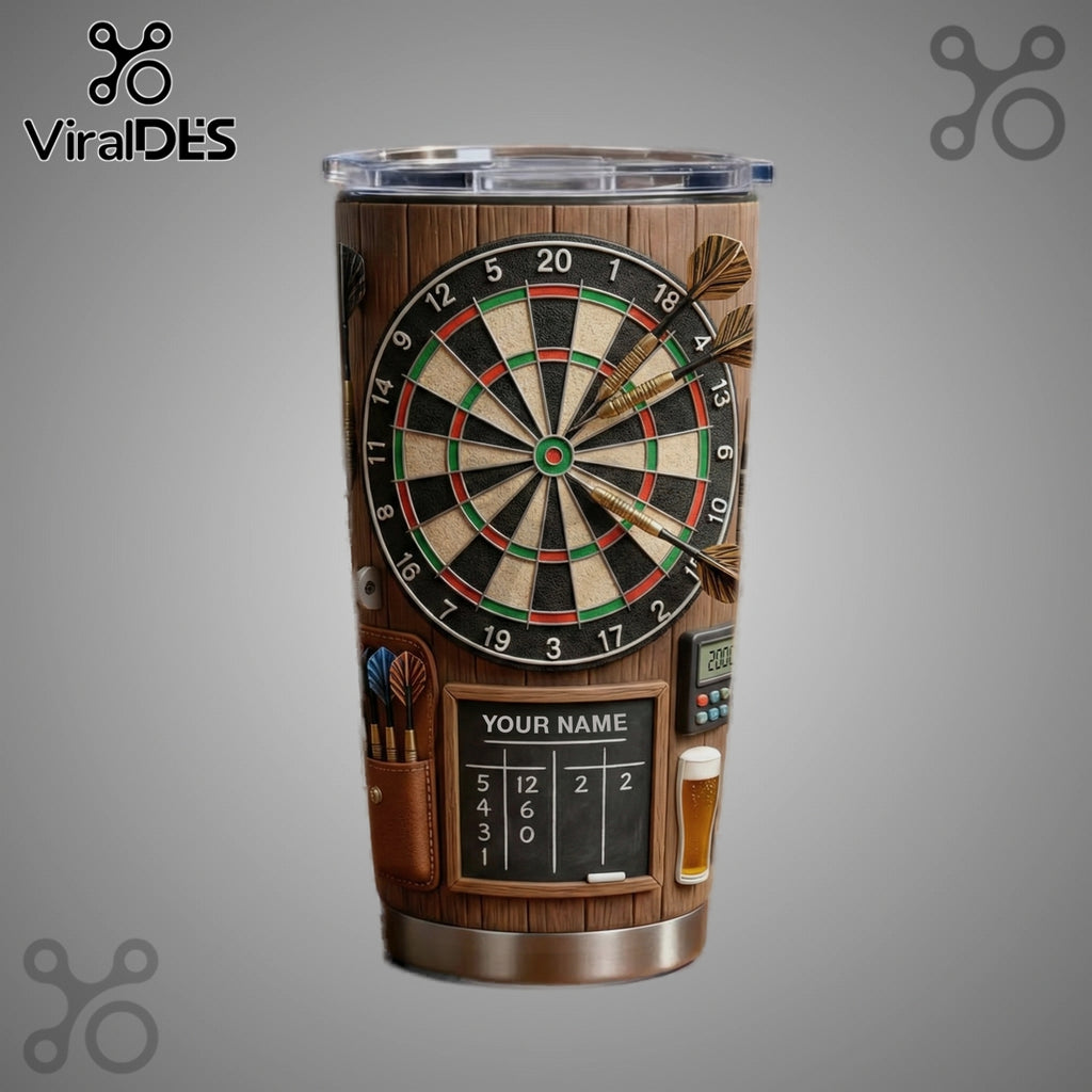 Personalized Darts Game Tumbler, Custom Name Dartboard Art Stainless Steel Tumbler