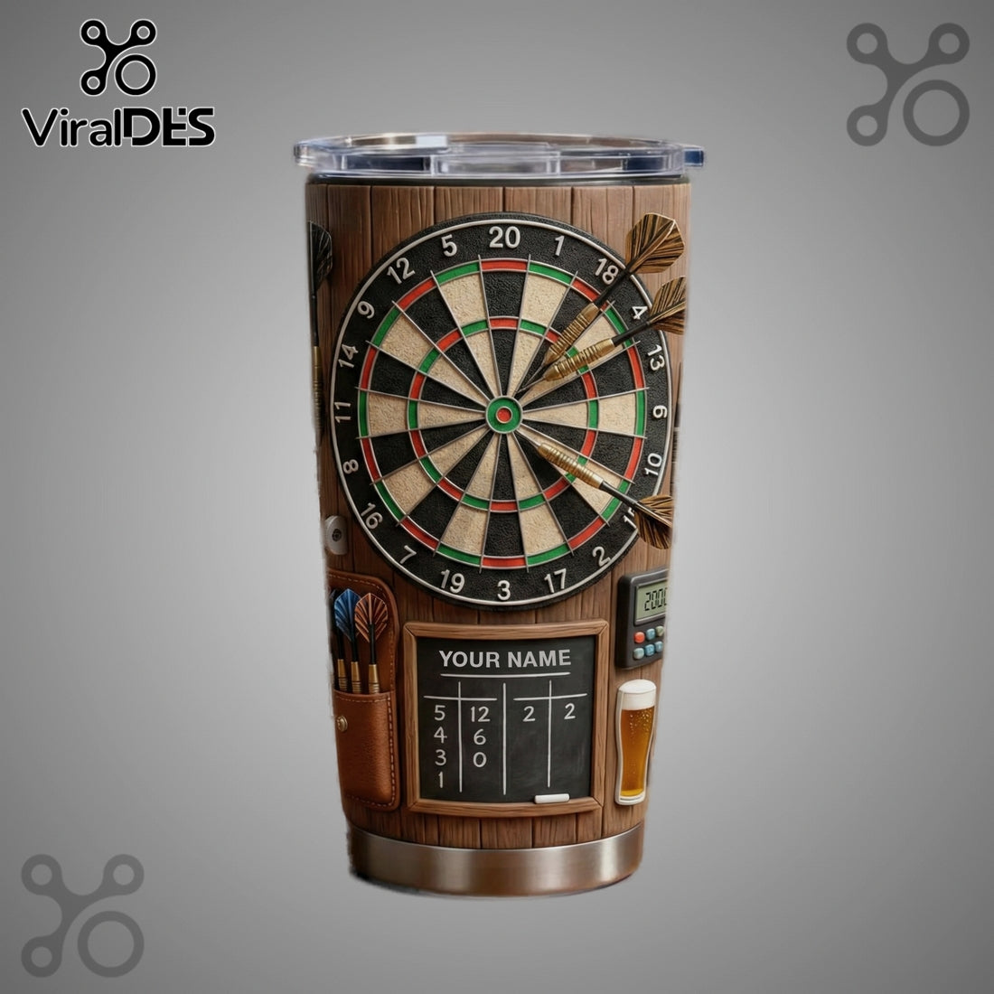 Personalized Darts Game Tumbler, Custom Name Dartboard Art Stainless Steel Tumbler