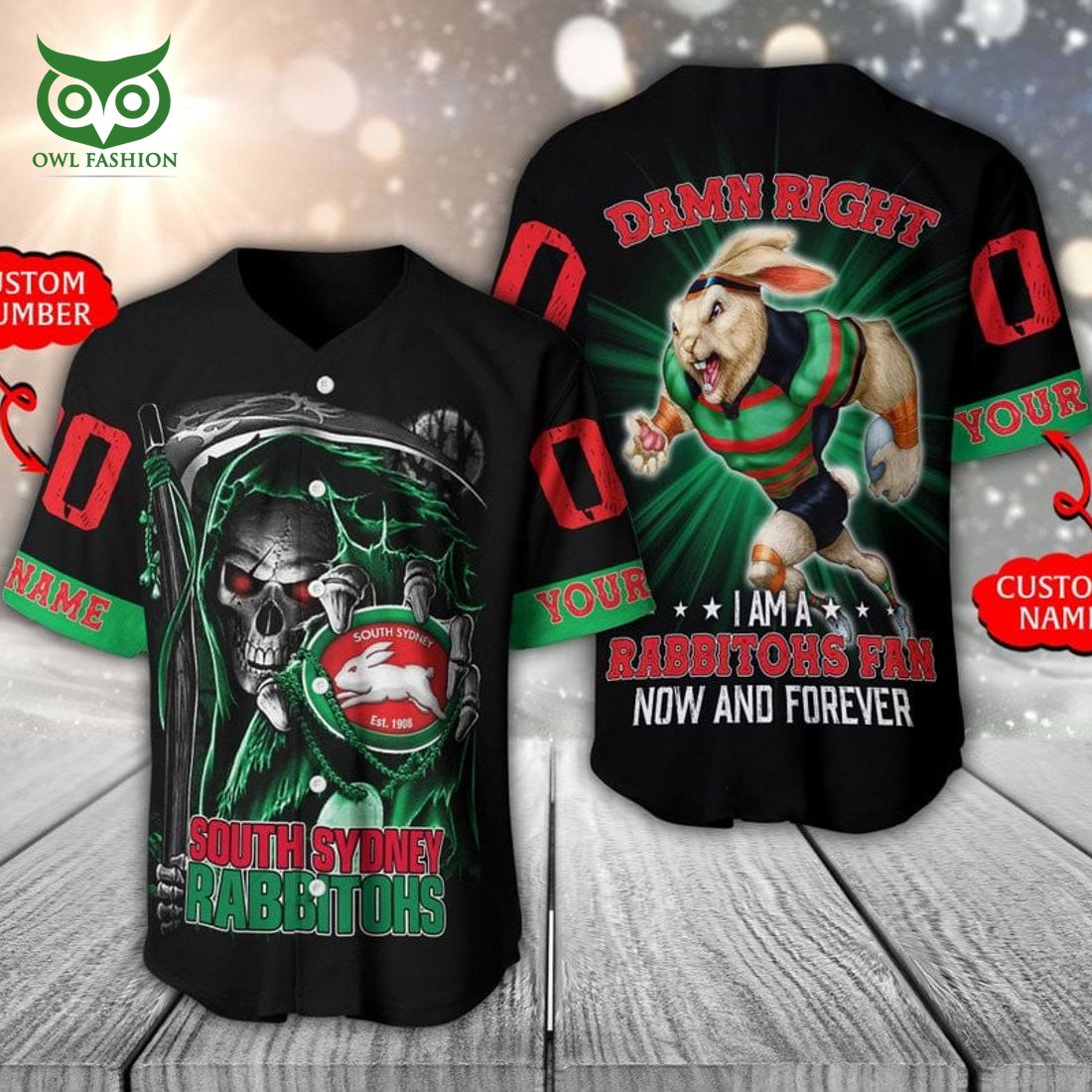 Personalized South Sydney Rabbitohs NRL Skull Baseball Jersey Shirt