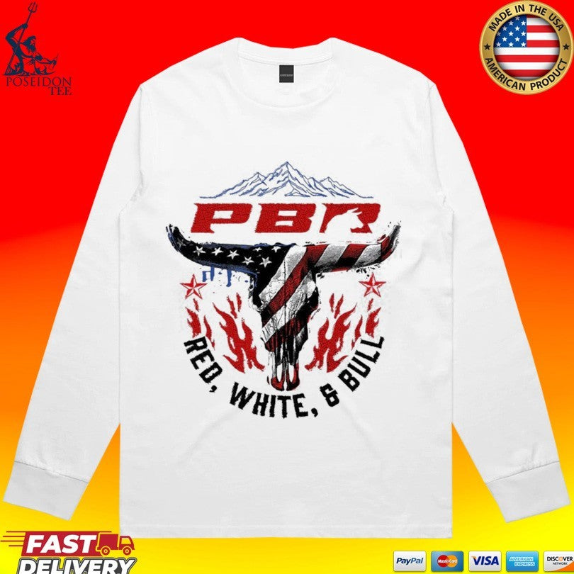 Professional Bull Riding PBR Red, White, And Bull Mountain Skull T-shirt